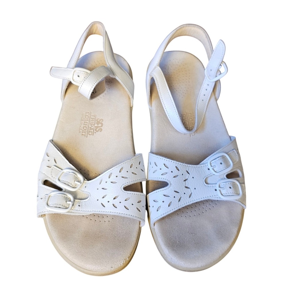 SAS Tripad Comfort White Leather Perforated Buckle Sandals 7.5 W Made in USA